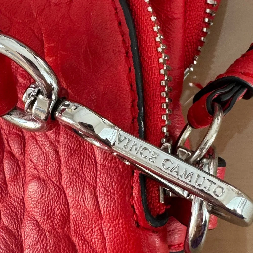 Vince Camuto Crossbody Bag Purse Scarlet Red 100% Genuine Leather Pockets Galore - Picture 11 of 13